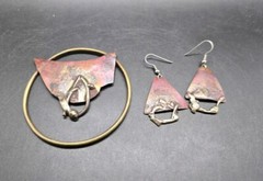 Vintage Copper Metal Earring And Brooch Pin Jewelry Set Handmade Art Soldered