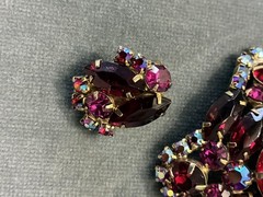 VTG JULIANA DeLIZZA ELSTER RED FUCHSIA RHINESTONE BROOCH EARRINGS SET PARURE