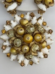 Vintage Floral Brooch Earrings Set White Navette Beads Lucite Gold Tone Clip