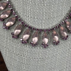Vintage 1950’s Pink Rhinestone Bib Necklace statement 15.5″ silver tone