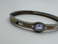 Antiqued Silver Plate Amethyst Glass Etched Gold Designed Bracelet Art Deco