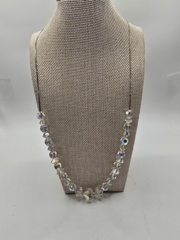 Long VTG clear round faceted aurora borealis beads on silver tone chain 30 in.