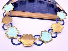 Vintage Artisan Brass Blue Green OOAK Collar Necklace Brutalist 16” DbG A