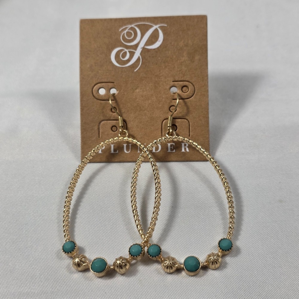 Plunder “Cara” Gold Tone Oval Hoop Earrings Twisted Wire Turquoise & Gold Beads