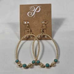 Plunder “Cara” Gold Tone Oval Hoop Earrings Twisted Wire Turquoise & Gold Beads