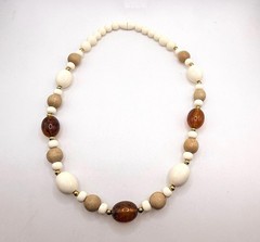 Vintage off white light wood and brown marbled amber colored beaded necklace