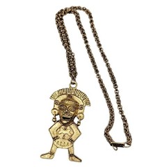 Hobe Statement Pendant Necklace Mayan Inspired 20″ Gold Tone Chain Vintage