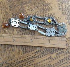 Antique Art Deco Silver Wash Czech Gold Glass 7-8 Inch Link Bracelet Draw String