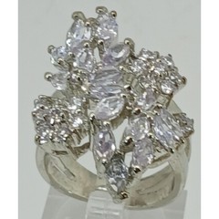 Vintage Silver Tone Marquise Cluster CZ Floral Statement Cocktail Ring Size 6.75