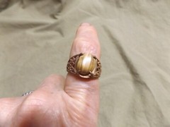 Vintage Cast Brass? Ring w Striped Jade? Oval Stone Unused Size 7.5+