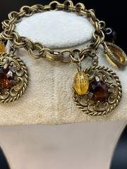 Vintage Mid Century Amber Topaz Rhinestone Charm Bracelet Etruscan Revival