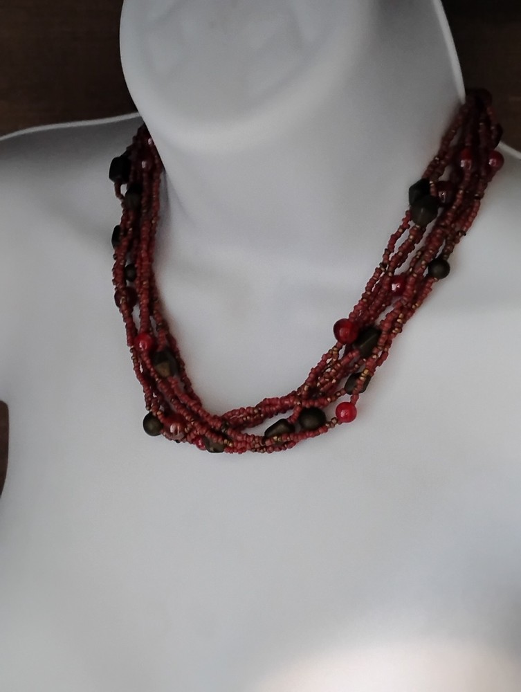 Vintage Art Glass Necklace Burgundy Red Seed Bead Multi Strand Ave, Choker 🔥🔥