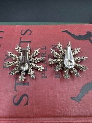 Vintage 1960’s Green Large Floral Rhinestone Flower Cip-on Earrings Sparkles MOD