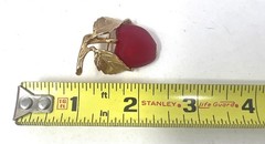 Vintage Napier Gold-Tone Apple Brooch With Red Glass Cabochon Leaf Detail 1.5 In