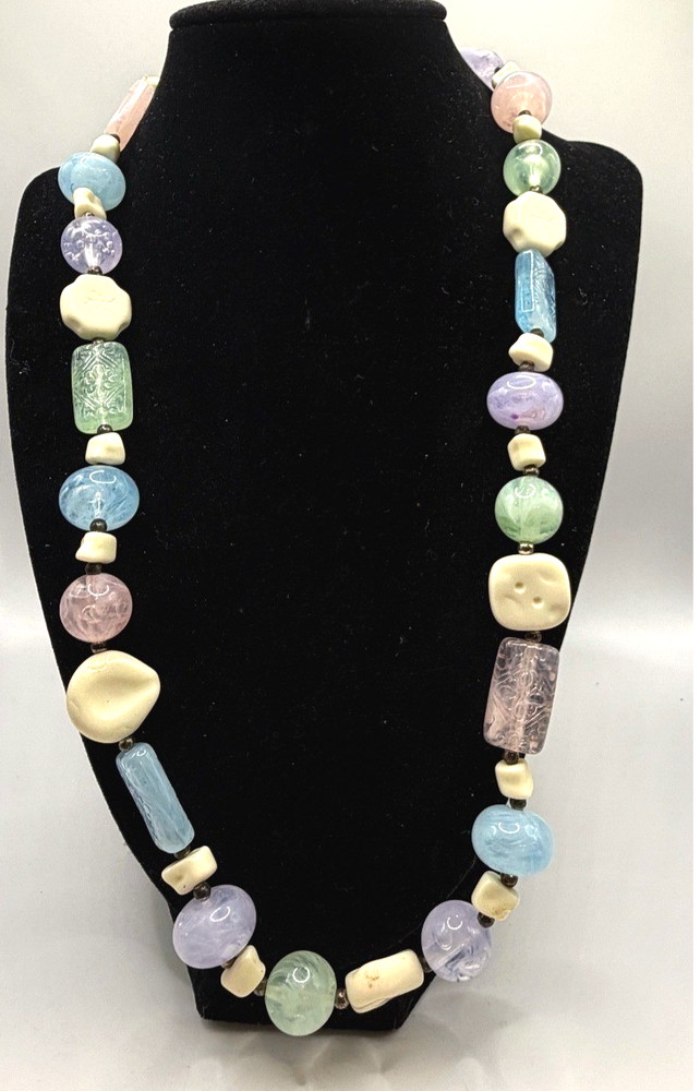 Vintage Pastel Carved Bead Necklace 24″ Textured Beads Spring Easter