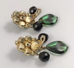 Rare Juliana D&E Green & Black Glass Dangle Clip Earring Book Piece. #1486