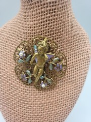Sculptural Golden Cherub Cupid Angel Brooch Pin Multicolored Enamel Filigree