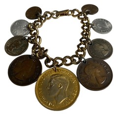 Vintage 1960″s British Coin Charm Bracelet Gold Tone Link Chain 9 Charms 6″