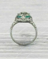 Art Deco Round Lab Created Diamond & Emerald Wedding 14Ct White Gold Finish Ring