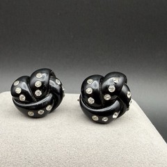 Vintage Black Lucite & Rhinestone Love Knot Screw Back Earrings Retro Statement