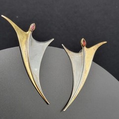 Sterling Silver 925 Abstract Drop Earrings Modern Sculptural Red Accent 6g