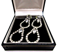 Vintage Clear Rhinestone Double Hoop Long 3″ Dangle Stud Pierced Earrings