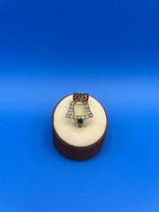 Vintage VTG Christmas Bell Brooch Pin Red Green Clear Rhinestones Gold Tone 24mm