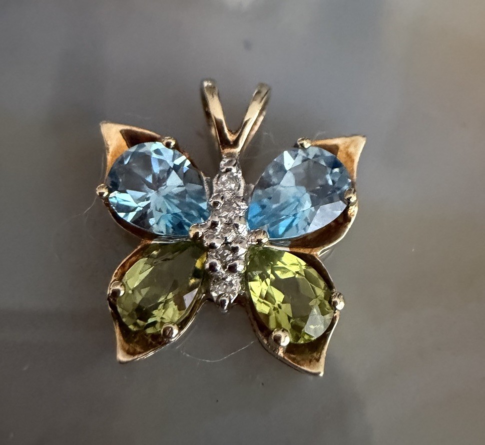 10k Gold Blue Topaz, Peridot & Diamond Accent Butterfly Pendant