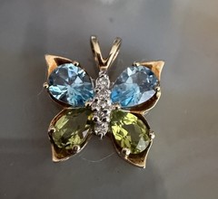 10k Gold Blue Topaz, Peridot & Diamond Accent Butterfly Pendant