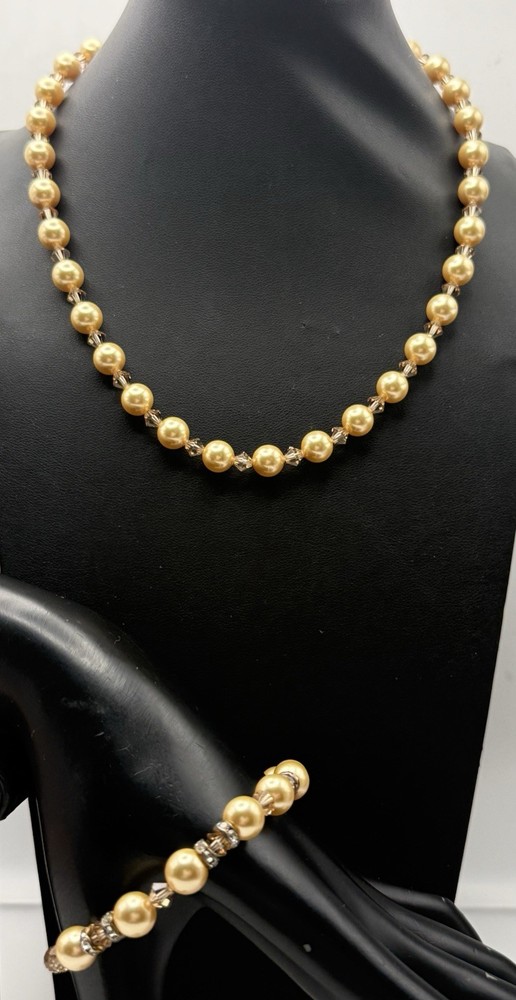 17″ Champagne Simulated Pearl Necklace 7.5″ Bracelet Set Gold Filled Crystal New