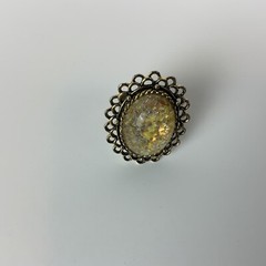 Vintage Brass Tone Chunky Lucite Glitter Crackle Ring One Size Fits All