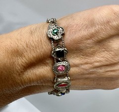 VTG Victorian Revival Slider Charm Bracelet Silvertone Rhinestones Enamel 7 1/4″
