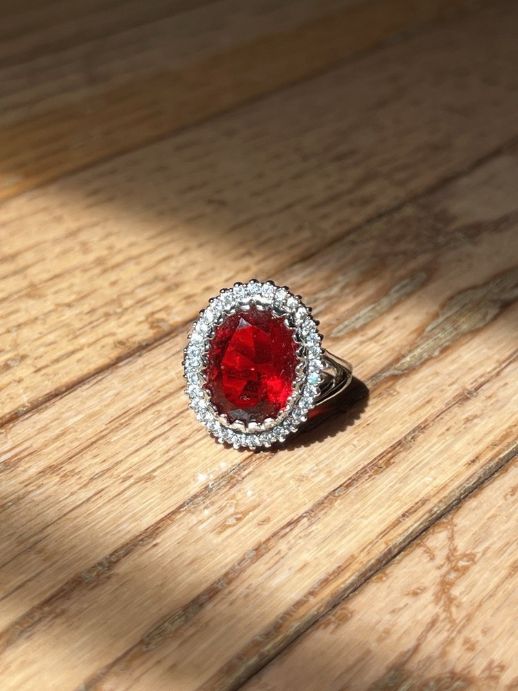 Vintage 925 Sterling Silver Large Red Oval Halo Cocktail Statement Ring Size 8