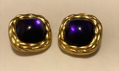Vintage TriffariGold Tone Clip Earrings Signed Faux Amethyst Cabochon 1 1/4