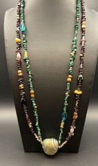 Vintage Amber Garnet Malachite Pearl Crystal Lamp Works Bead Necklace Orig $150