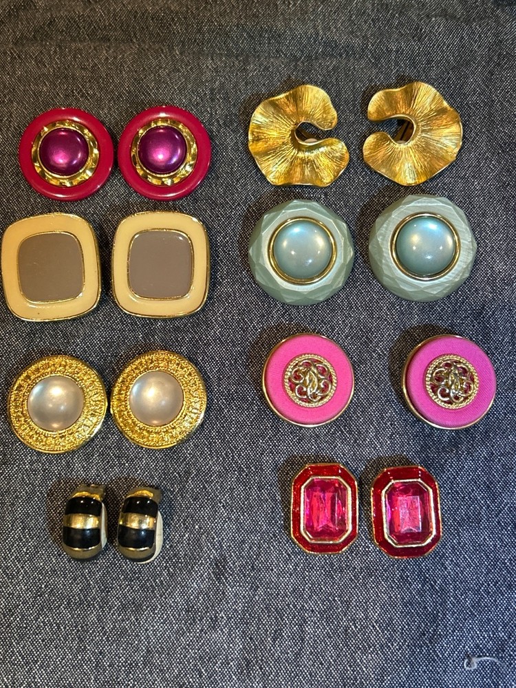 Vintage 1980s Clip On Earring Lot Chunky 80s Pop Art Enamel Pearl Button 8 Pairs