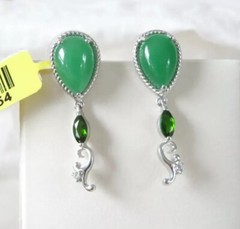 Sterling Silver 925 Green Jade Drop Unique Dangle Earrings