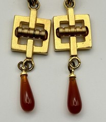 Vintage Gold Tone Carnelian Drop Dangle Earrings Shield Geometric Matte Art Deco