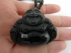 Black Onyx Carved Buddha Pendant Necklace Black Beaded Strand No Clasp 68.5g