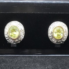 Vintage 2-tone Renaissance Revival Peridot Clear Cubic Zirconia Pierced Earrings