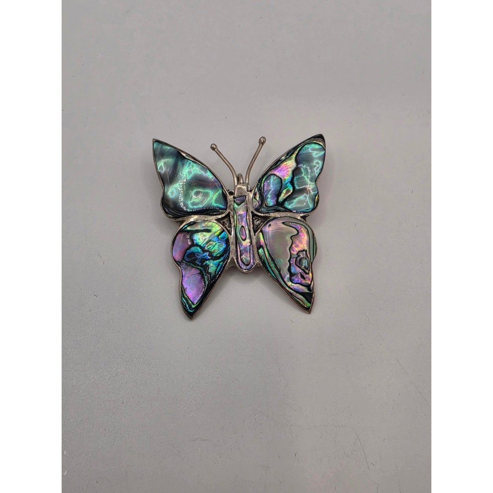Vintage Alpaca Mexico Abalone Shell Butterfly Pendant Brooch Pin Iridescent