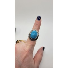 Blue Stone Faux Turquoise Cabochon Statement Ring Dyed Howlite Silver Plated