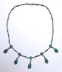 Gorgeous ART DECO Silver Tone GREEN GLASS Bar/Dangle TEARDROP NECKLACE