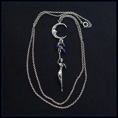 Sterling Silver Crescent Man In The Moon & Female Dancer Figure Necklace