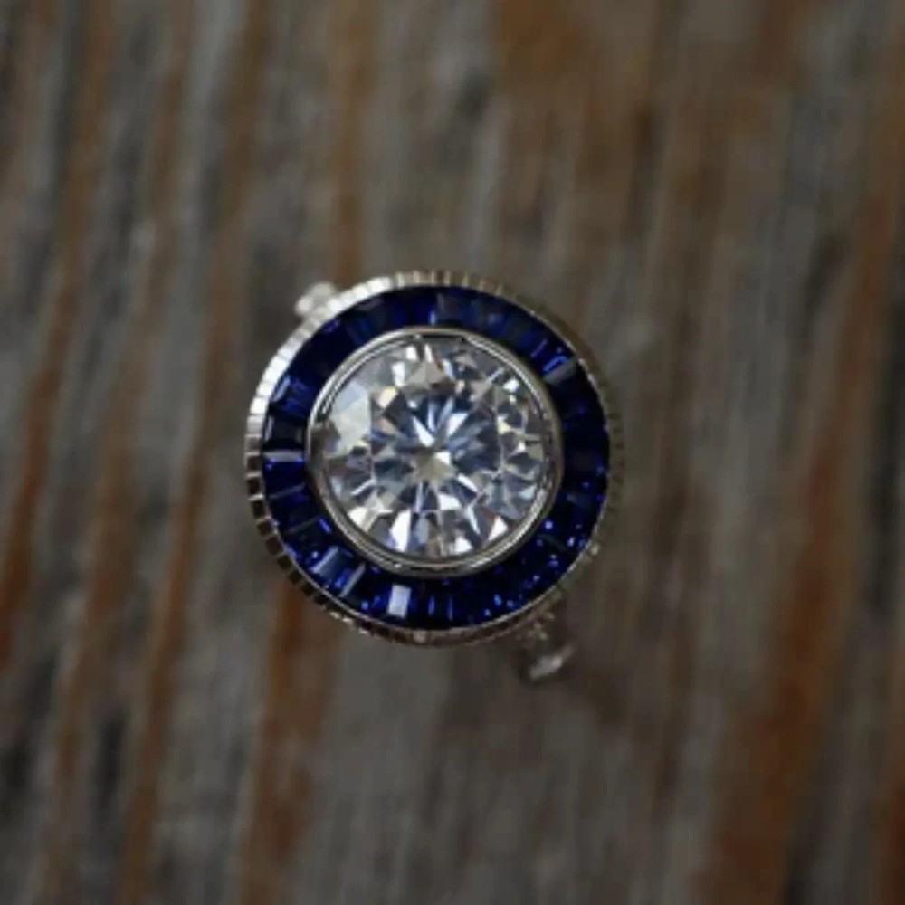 Art Deco Style Halo Lab Created Diamond Sapphire 14K White Gold FN Wedding Ring