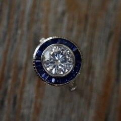 Art Deco Style Halo Lab Created Diamond Sapphire 14K White Gold FN Wedding Ring