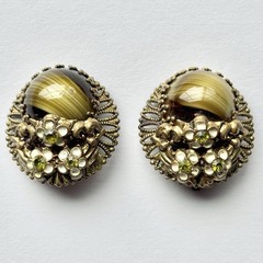 Green Porphyry Glass Cabochon Brass West Germany Vintage Clip On Earrings