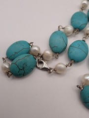 Vintage Long Strand Necklace With Faux Turquoise And Pearls
