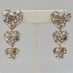 Triple Heart Dangle Earrings Gold Tone Clear Rhinestone Acrylic Statement 2.25″