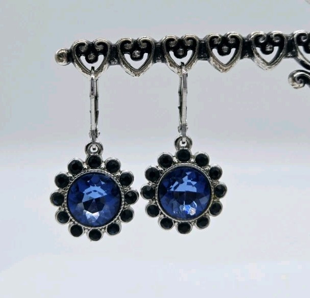 Monet Dangle Flower Earrings Blue Rhinestone Silver Tone Leverback 1.25 in